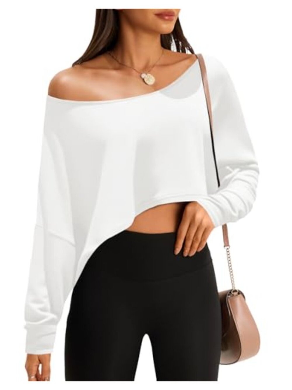 Fisoew Womens Off Shoulder Cropped Top Batwing Long Sleeve Loose Fit Workout Tee